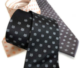 Charcoal Cat Face Necktie, Repeating Cat Dot Pattern Black Tie. Cyberoptix