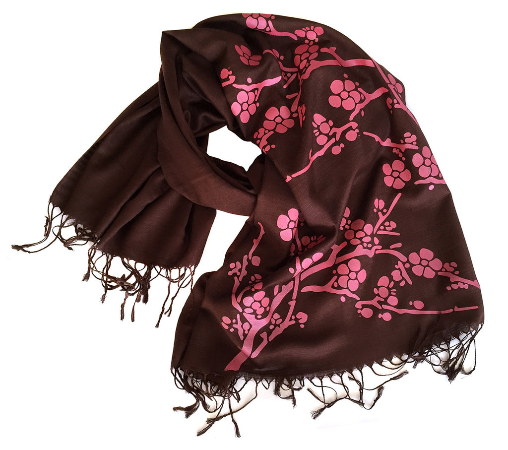 Cherry Blossom Scarf. Floral print linen-weave pashmina