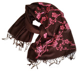 Cherry Blossom Scarf. Floral print linen-weave pashmina, by Cyberoptix. Pink and brown.