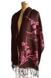 Pink and brown Cherry Blossom Shawl. Floral print linen-weave pashmina, by Cyberoptix.