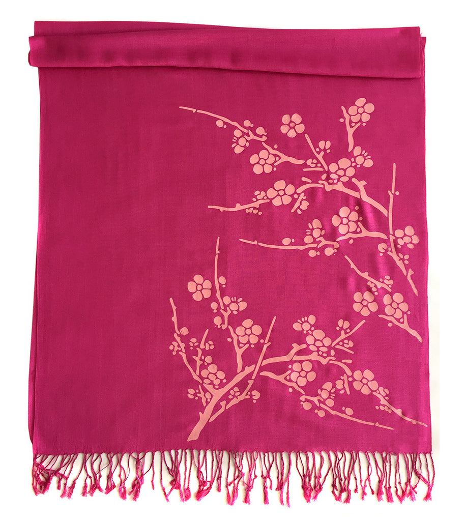 Cherry Blossom Scarf. Floral print linen-weave pashmina