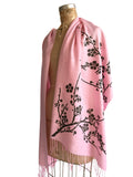 Cherry Blossom Wrap Scarf. Floral print linen-weave pashmina, by Cyberoptix. Pink and brown.