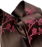 Cherry Blossom Necktie. Fuchsia berry on dark brown.