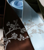Cherry Blossom Neckties. Silver ink on dark brown, sky blue.