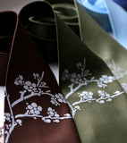 Cherry Blossom Ties, silver on dark brown; olive.
