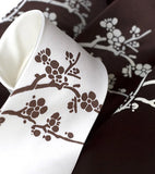 Cherry Blossom Necktie. White on dark brown, chocolate brown on cream.