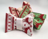 Ugly Christmas Sweater bow ties. scarlet on ivory; spring green; soft gold.