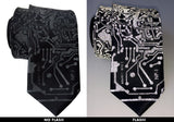 Circuit Board Necktie, Reflective Print on black with camera flash, Cyberoptix