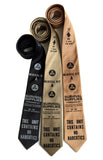 Civil Defense necktie: dove on black, black on champagne; black on pale copper.