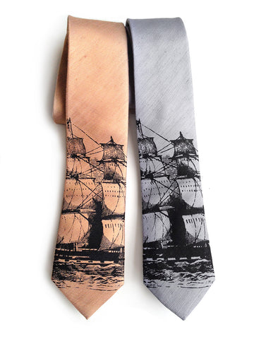 Clipper Ship Linen Necktie. Nautical Print Tie