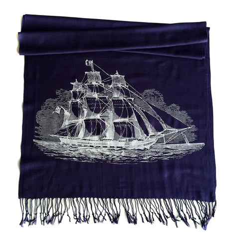 Clipper Ship scarf. Sailing Schooner linen-weave pashmina