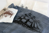 Navy ink on steel blue silk scarf.