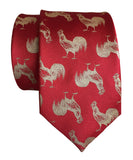 Red and Gold Rooster Print Men's Tie, Cyberoptix Tie Lab