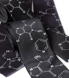 Caffeine & Nicotine Molecule Necktie. Silver on black.