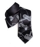 Video Game Necktie: Dove grey print on black.
