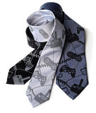 Video Game Neckties: Dove on black & aluminum; black ink on gunmetal.