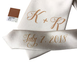 custom monogram wedding necktie, tan on platinum. Cyberoptix sublimation print groomsmen gifts