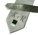 custom monogram wedding necktie, dusty shale, sea foam green. Cyberoptix sublimation print groomsmen gifts