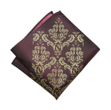 Damask pocket square: antique brass on aubergine shot silk.