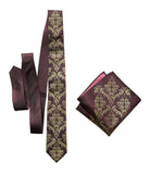 Damask necktie and pocket square: antique brass on aubergine shot silk.