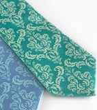 Damask neckties: light sky ink on sky blue, mint on aqua.
