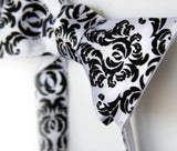  Damask print bow tie, by Cyberoptix. Black print on white bow tie.