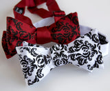  Damask print bow tie, by Cyberoptix. Black on red, white bow tie.