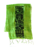 Black ink on lime silk scarf.