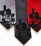 Water Towers Necktie. Black on silver, charcoal, red.