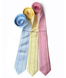 Pastel Library ties, by Cyberoptix. Black print on sky, butter, pink.