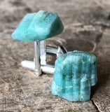 Raw Emerald Crystal Cufflinks, green beryl stone cufflinks
