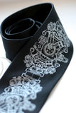 Engine Rosette Silk Necktie. Silver ink on black silk.