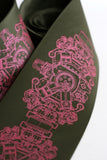 Engine Rosette Silk Necktie. Fuchsia-berry ink on olive.