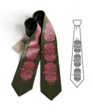 Engine Rosette Silk Necktie. Fuchsia-berry ink on olive.