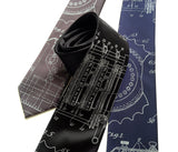 Enigma Machine Necktie. Pale grey on black, charcoal, navy.