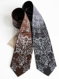 Exhaust Pipes Necktie. Silver on dark brown and charcoal.