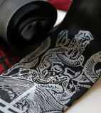 White ink on black, black ink on red.