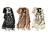 Eye Chart scarf: white on black; black on sand, black on cream.