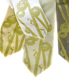 Pea green ink on butter yellow, celery, ivory silk, sage.