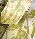 Pea green ink on butter yellow, celery, sage, ivory silk.