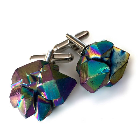 Flame Aura Quartz Cufflinks, Rainbow Titanium coated raw stones