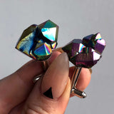 Flame Aura Quartz Raw Stone Cufflinks, Rainbow Titanium coated stone, by Well Done Goods