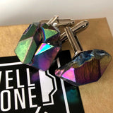 Flame Aura Quartz Raw Stone Cufflinks, Rainbow Titanium coated stone, by Well Done Goods