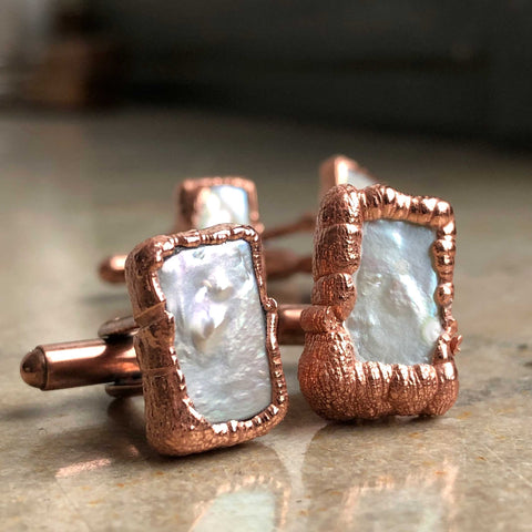 Pearl Cufflinks, electroformed rectangular cultured pearl cuff links