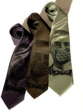 Gas Mask Necktie. Black ink on charcoal, olive and sage silk.