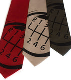 Gear shift necktie. Black on standard red, champagne, narrow olive.