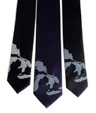 Great Lakes Map Necktie. Pale grey and steel ink on black and navy.