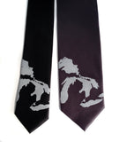 Great Lakes Map tie: Pale grey print on black, charcoal.