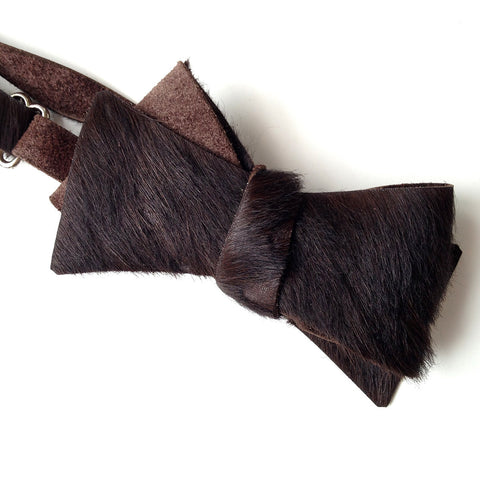 Black-Brown Acid Washed, Hair-On Hide Leather Bow Tie