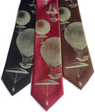 Hot Air Balloons Silk Necktie. Antique brass on black, dark brown, burgundy